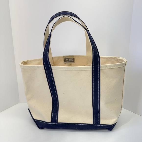 Vintage L.L. Bean Boat And Tote Bag Ivory W/ Blue Straps Maine USA
